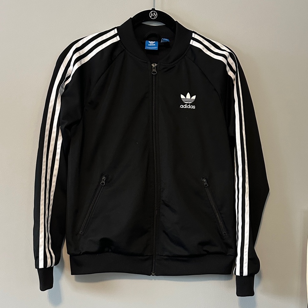 Adidas Vintage Black Bomber Jacket with White Stripes Size Md